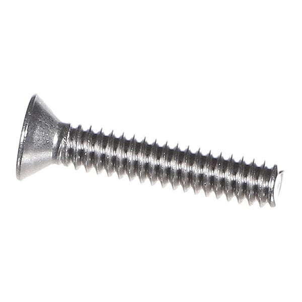 A metal flat head machine screw with a threaded shaft.