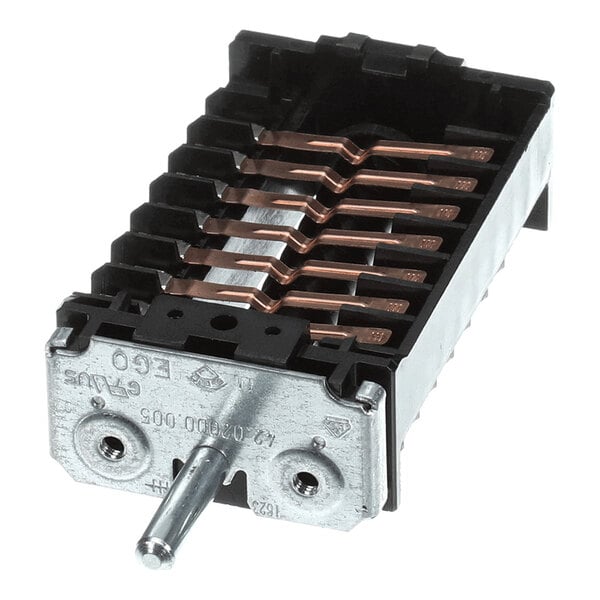 A rectangular electrical switch component with multiple copper contacts and a metal shaft protruding from one end.