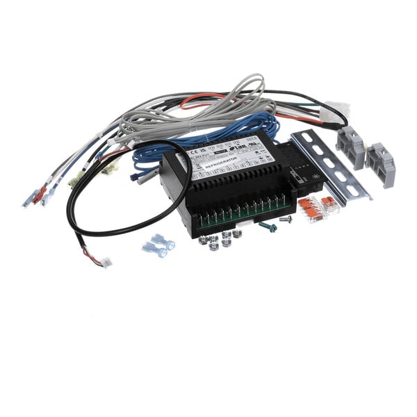 A collection of electronic components and wiring, including a black control module with labeled terminals, various cables, connectors, screws, and mounting hardware, arranged on a white background.
