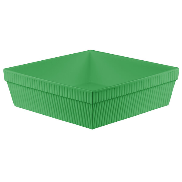 A green square Tablecraft cast aluminum bowl with a white background.