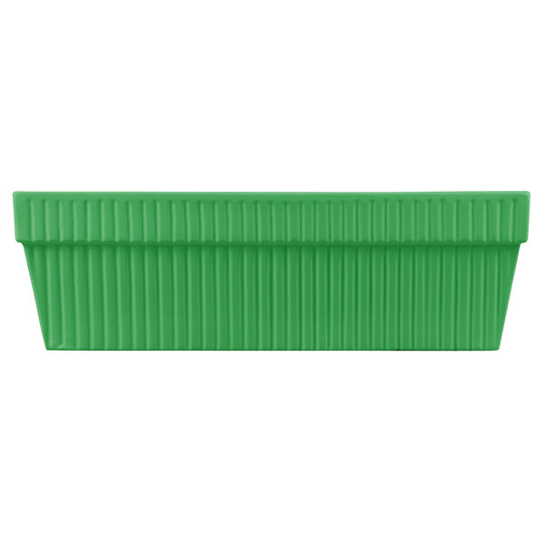 A green rectangular cast aluminum bowl with a ribbed edge.