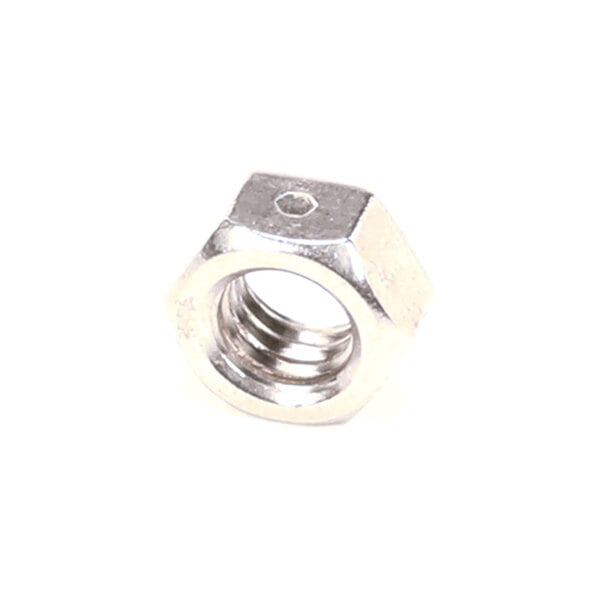 A metallic hexagonal lock nut with internal threading, shown on a white background.