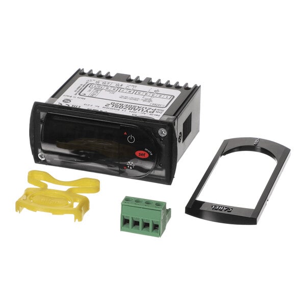 A digital temperature control unit with a display, buttons, and several detachable components including a green terminal block, a yellow plastic piece, and a black frame.