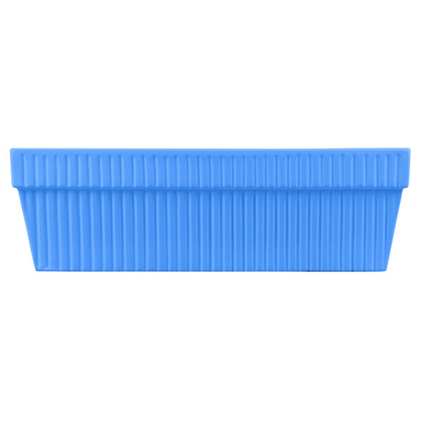 A cobalt blue rectangular cast aluminum bowl.