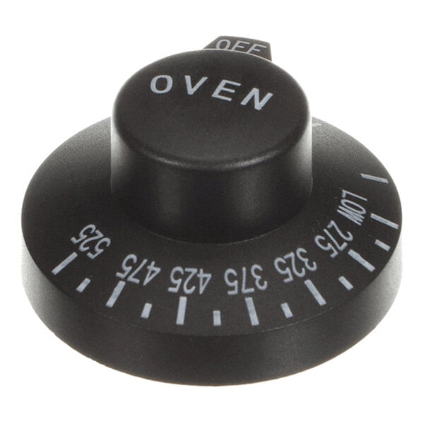A black oven thermostat knob with temperature markings and the word 'OVEN' printed on the top.