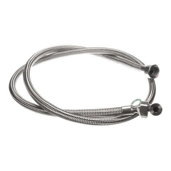 A flexible, braided metal hose with fittings on both ends, coiled in a loop.