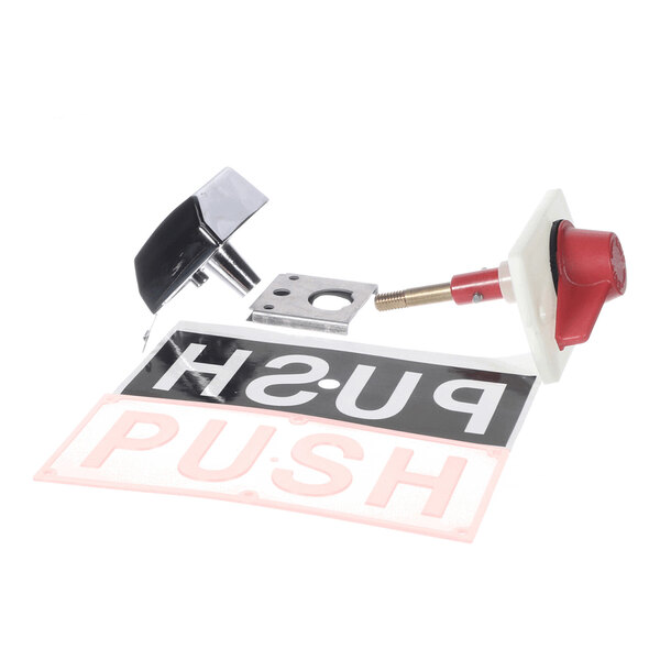 Several metal and plastic hardware components, including a red push button, a black handle, a mounting plate, and two signs with the word 'PUSH' in different colors, are arranged on a white background.