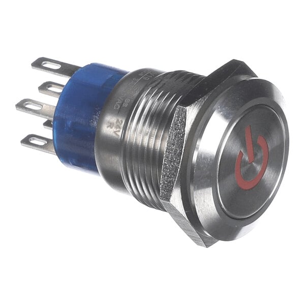 A metallic push-button switch with a red power symbol and multiple electrical terminals.