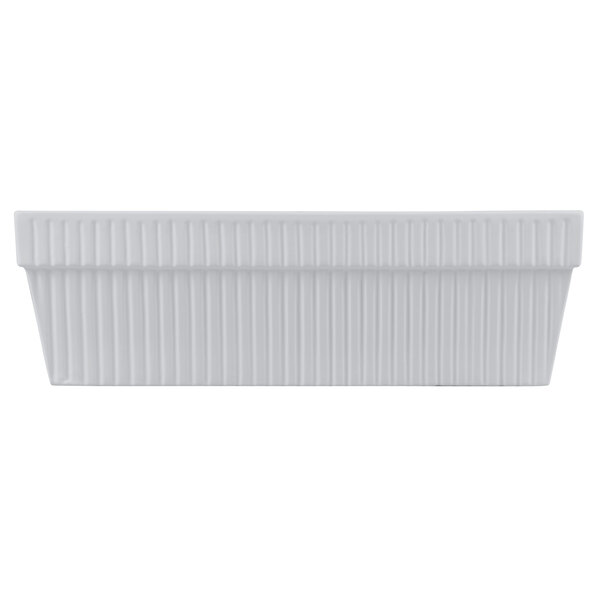 A gray cast aluminum square bowl with a ribbed pattern on the edge.