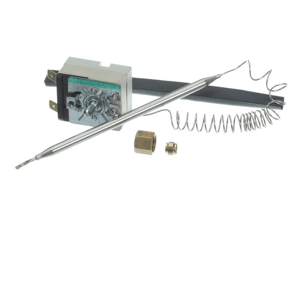 A metal thermostat assembly with a coiled sensor probe and two brass fittings, shown on a white background.