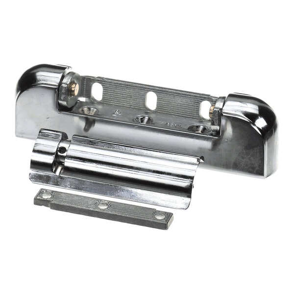 A set of shiny, metallic hardware components with a chrome-like finish, including a main bracket and two smaller pieces, likely intended for mechanical or structural assembly.