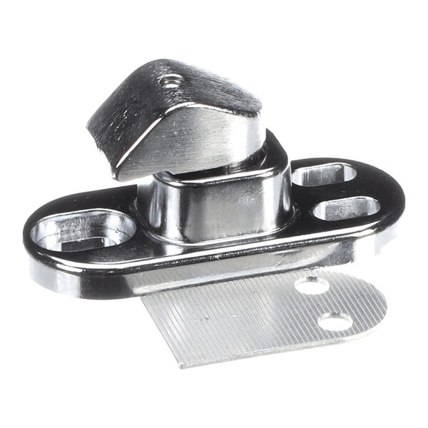 A metallic latch strike plate with a curved, raised component and multiple mounting holes.