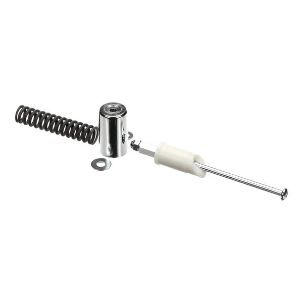 A metal spring, a cylindrical chrome component, a washer, and a rod with a white plastic section are arranged on a white background.