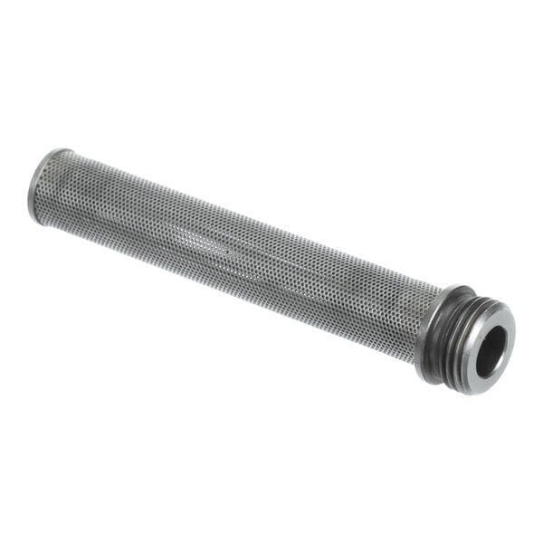 A cylindrical metal mesh filter with a threaded end and a rubber gasket.