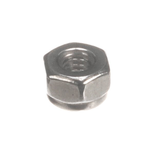 A metallic hexagonal nut with internal threading, shown against a white background.