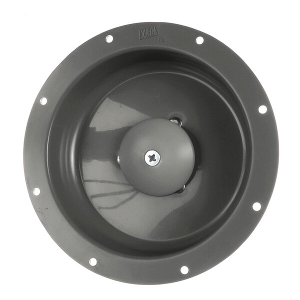 A round, gray metal component with a central dome and multiple holes around the perimeter, likely designed for mounting.