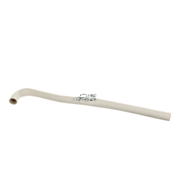 A beige, flexible hose with a slight bend and two metal clamps attached.
