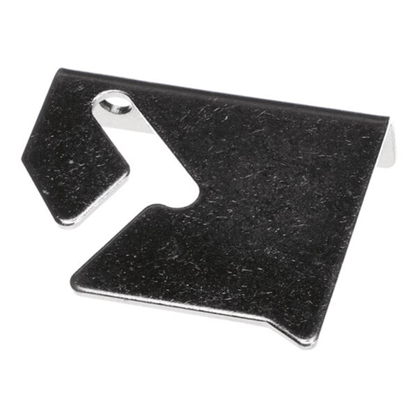 A small, flat, metallic bracket with an angular design and a hole near one edge.
