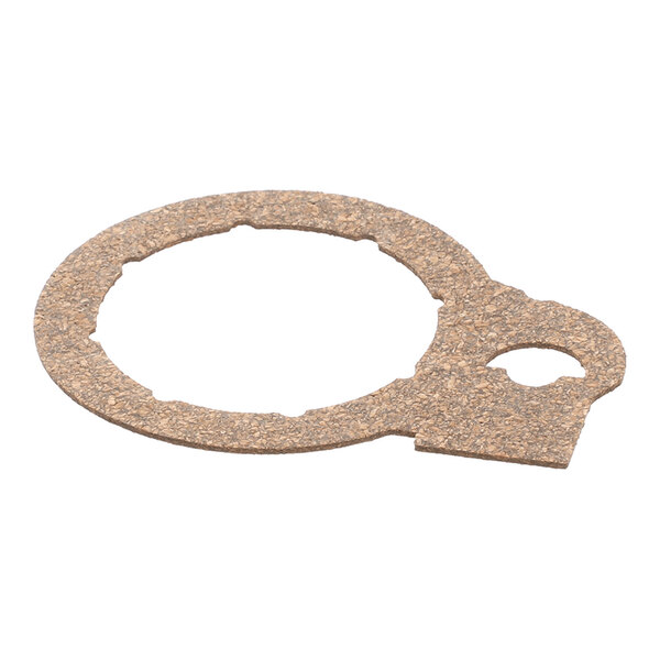 A flat, circular cork gasket with an additional tab and hole, photographed on a white background.