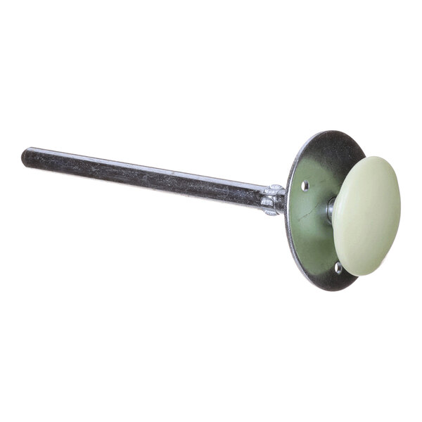 A metal rod with a circular metal plate and a round, light-colored knob attached to one end.