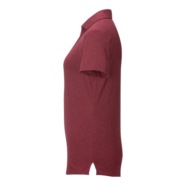 A side view of a short-sleeve, collared, maroon polo shirt against a white background.
