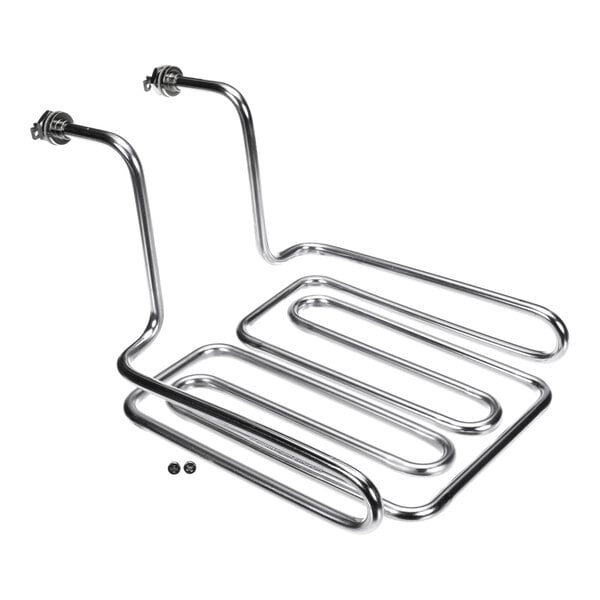 A metallic, coiled heating element with two mounting brackets and two small screws placed nearby.