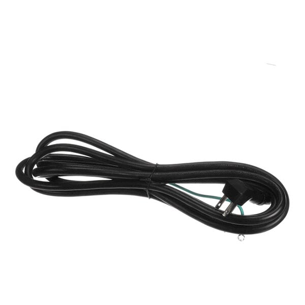 A coiled black power cord with a two-prong plug visible at one end.