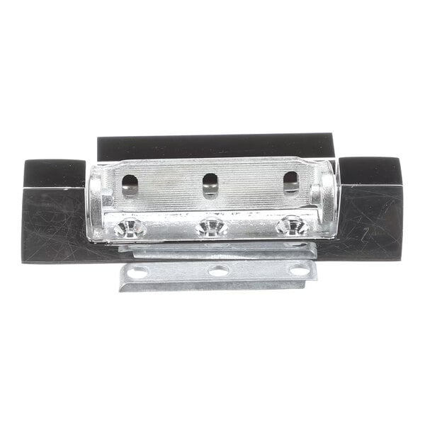 A metal hinge with a rectangular base and three screw holes, flanked by black plastic or rubber end pieces.