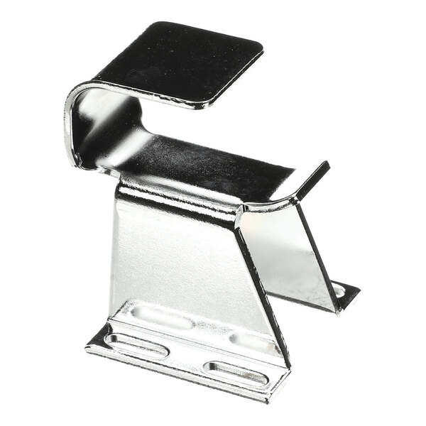 A metallic, angular bracket with a wide offset hook and slotted base, designed for adjustable mounting.