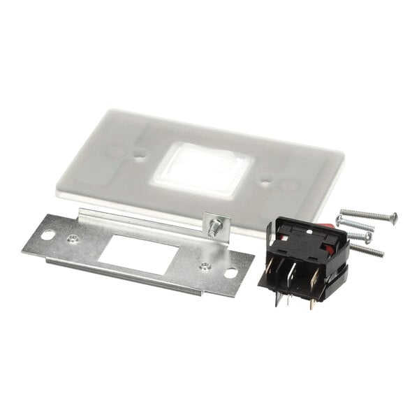 A set of electrical components including a switch, metal mounting plate, plastic cover plate, and screws, arranged on a white background.
