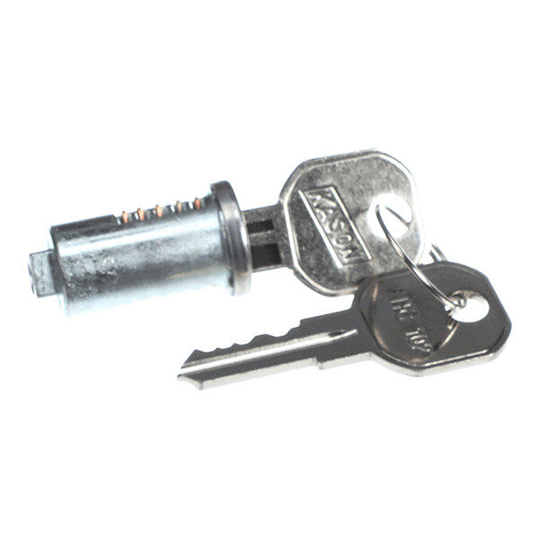 A metal cylinder lock with two attached keys on a keyring.