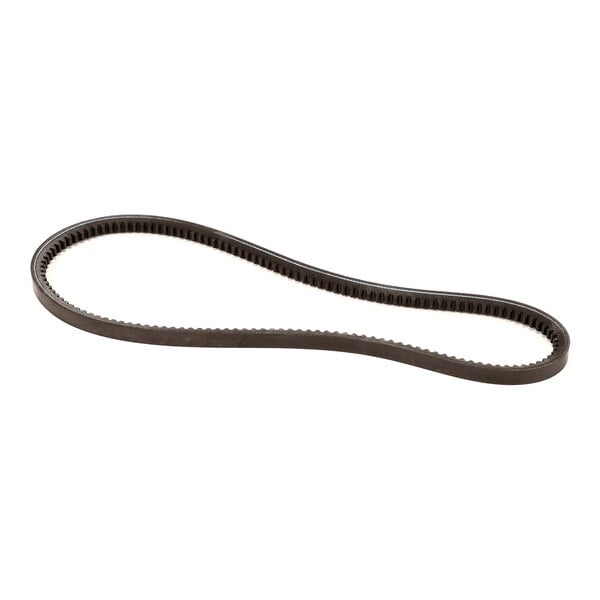 A black, toothed rubber belt is shown against a white background.