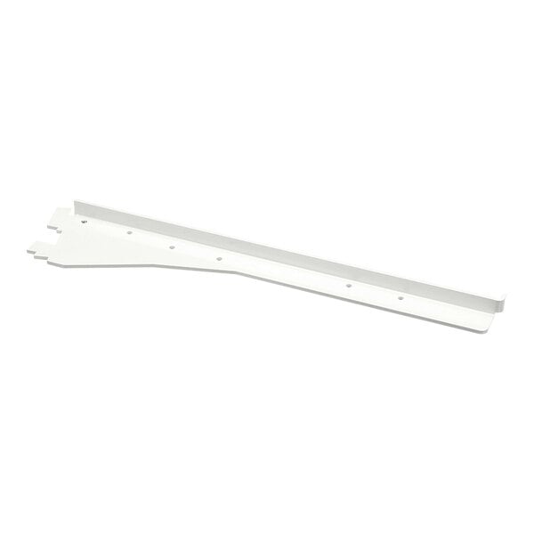 A white metal bracket with multiple holes, designed for mounting or supporting a shelf.