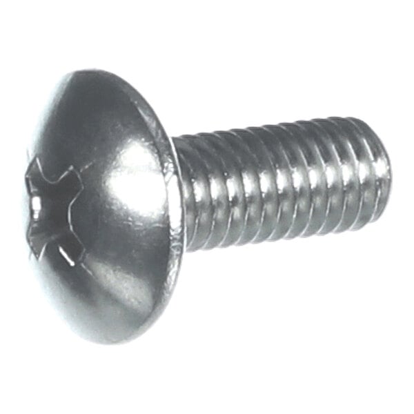 A metal screw with a round, slotted Phillips head and threaded shaft.