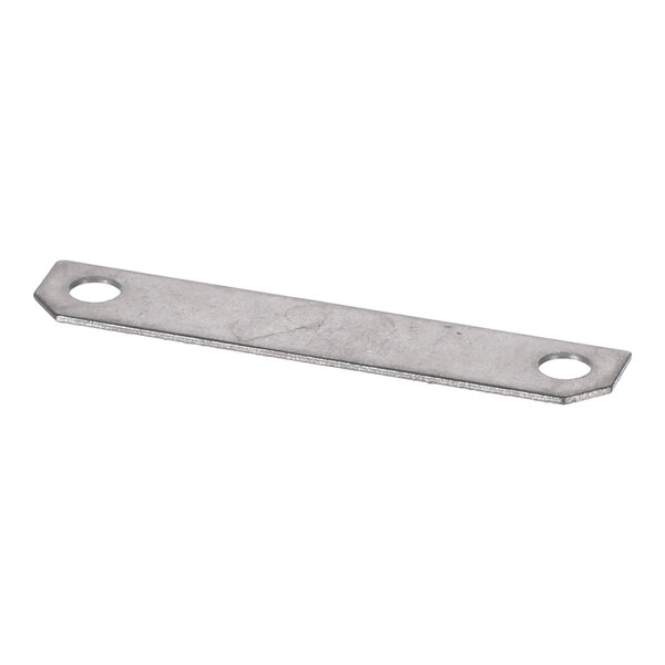 A flat, rectangular metal piece with a hole at each end.