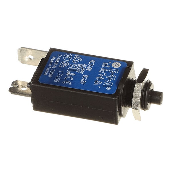 A rectangular black electrical component with a blue label, two metal prongs, and a push-button switch with mounting hardware.