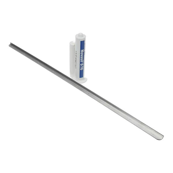 A long, narrow metallic strip with evenly spaced holes, accompanied by two cylindrical containers, one labeled 'Novasil S76.'