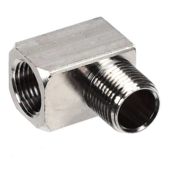 A metal right-angle pipe fitting with one male and one female threaded end.