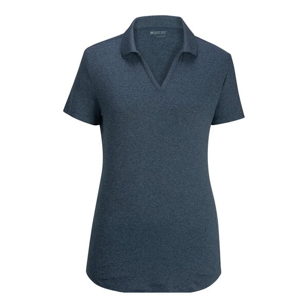 A short-sleeve, navy heathered polo shirt with a V-neck and collar, displayed on a plain white background.