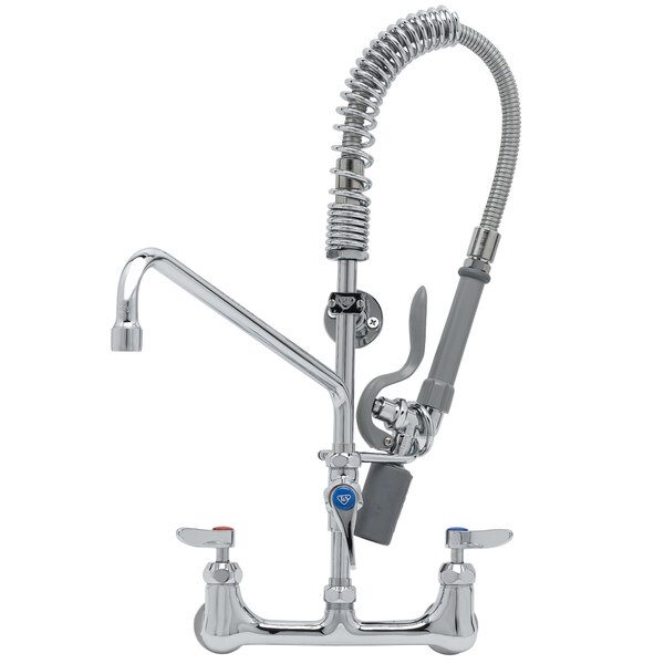 A chrome T&S pre-rinse faucet with a silver hose attached to it.