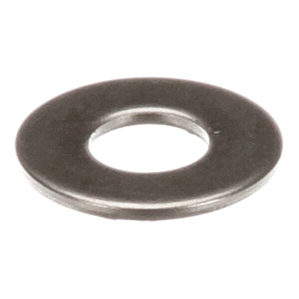 A flat, circular metal washer with a central hole, viewed from an angle.