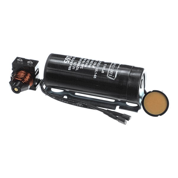 A cylindrical black electrical component with attached wires, a copper coil, and a round metallic end cap, likely part of an electrical relay kit.