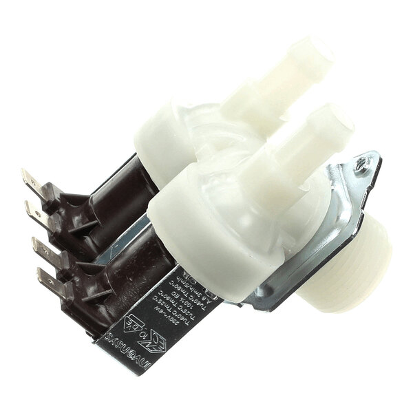 A dual solenoid valve with two white plastic inlets and metal electrical connectors.