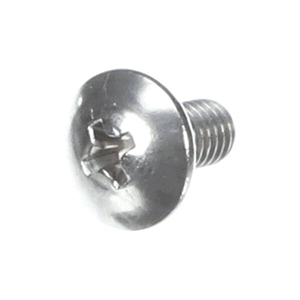 A metal screw with a Phillips head and a round, wide head, featuring a short threaded shaft.