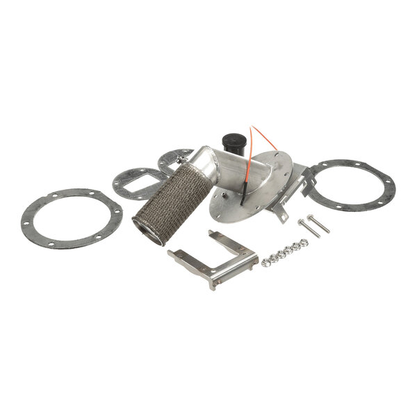 A metal assembly with a mesh-covered cylindrical component, circular gaskets, brackets, screws, and other hardware parts arranged on a white background.