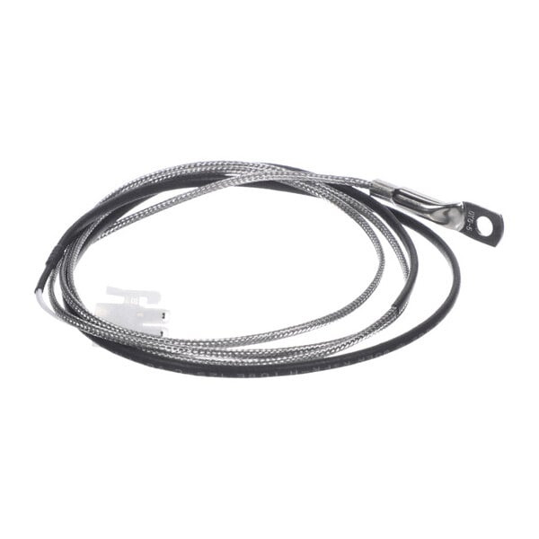 A coiled metal-braided cable with a metal loop terminal on one end and a white plastic connector on the other end.