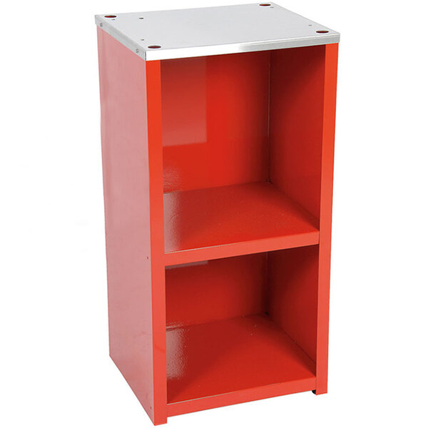 A red and silver metal stand with shelves for a Paragon 4 oz. popcorn popper.