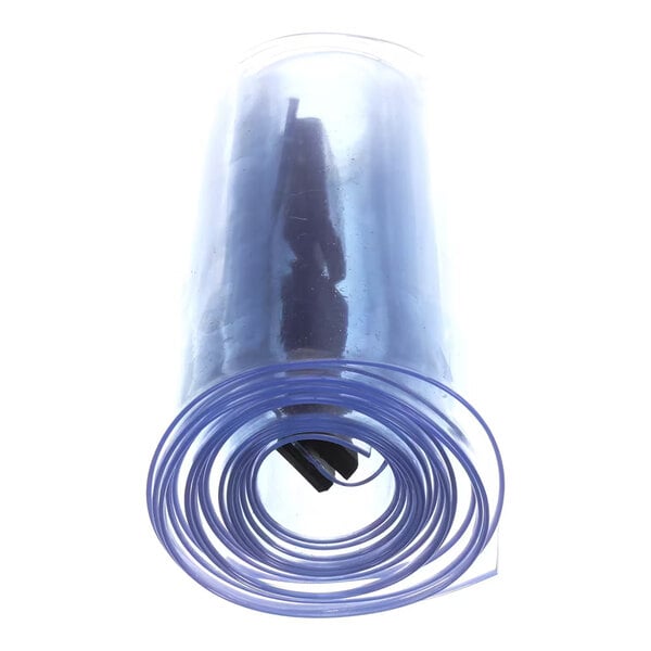 A rolled-up transparent plastic sheet with a slight blue tint, viewed from one end.