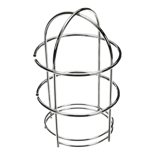A metal wire guard with a cylindrical shape and rounded top, designed to protect a light fixture.