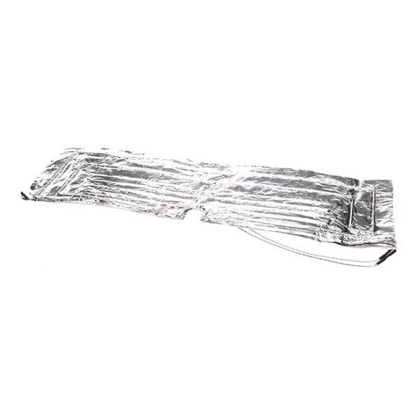 A rectangular, metallic, reflective sheet with seams and attached cords, laid flat on a white background.
